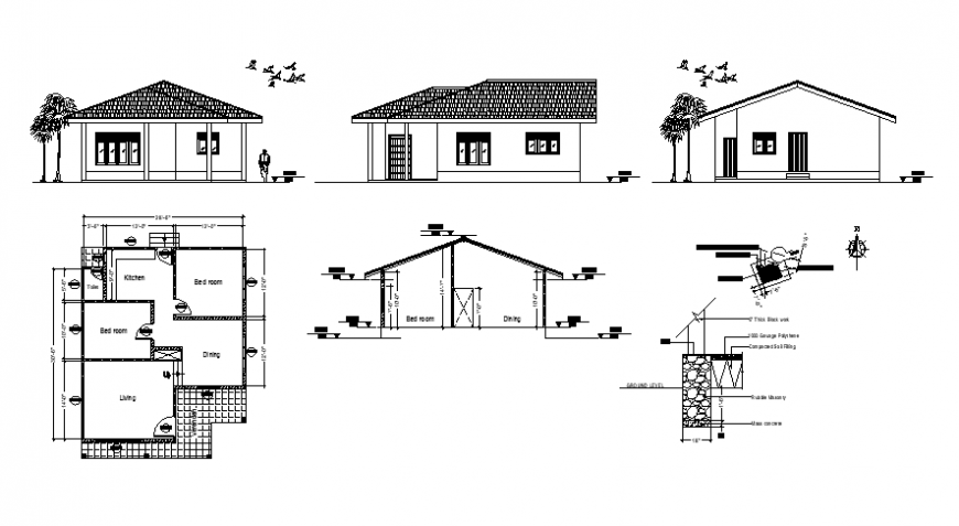2D CAD House Elevation and Floor Plans